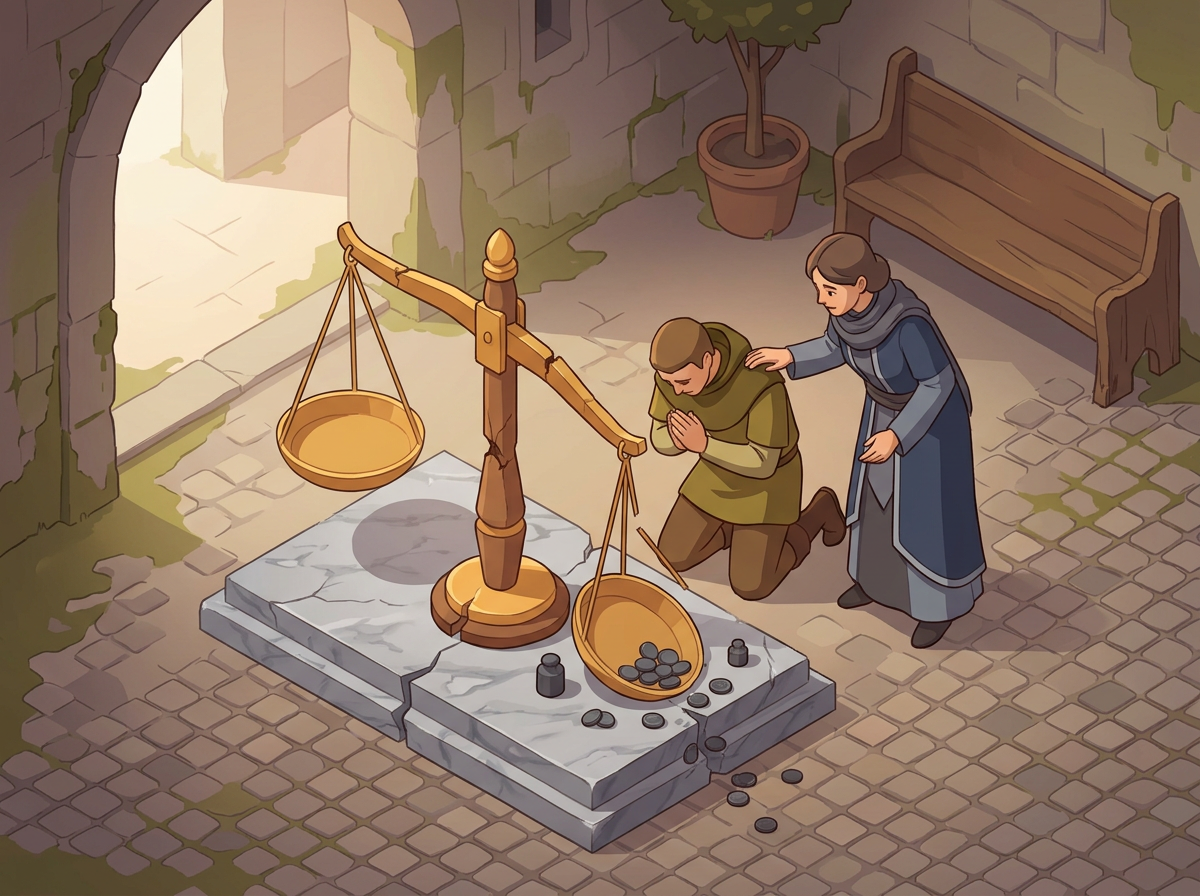 Medieval man kneeling with hands clasped near a scale with coins, woman standing beside comforting him
