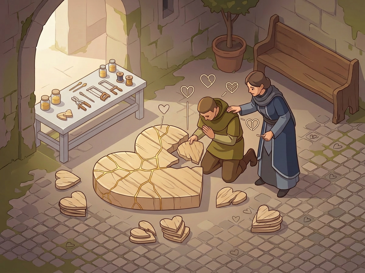 Two people using kintsugi technique to fix a large broken wooden heart with gold filling